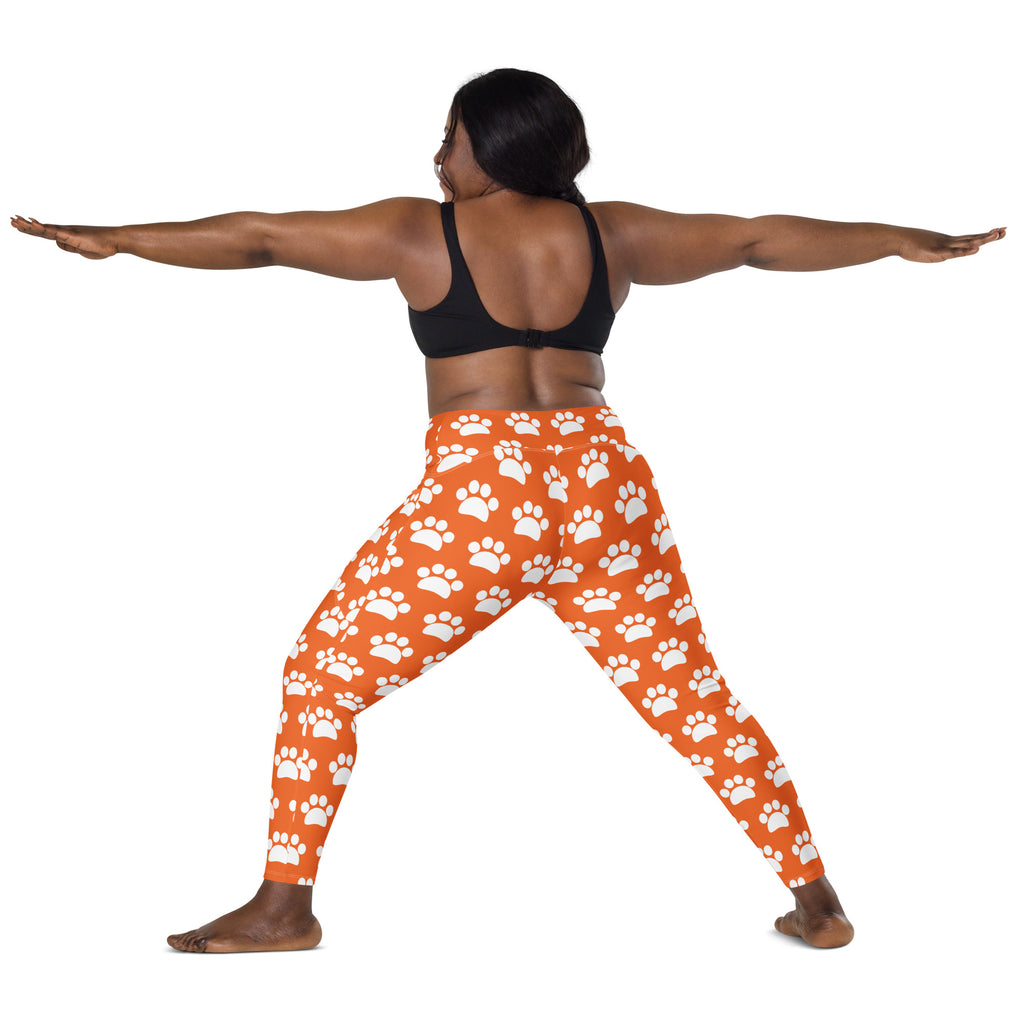 Women’s Orange Paw Print Yoga Leggings With Pockets – High-Waisted, Soft Compression Active Pants