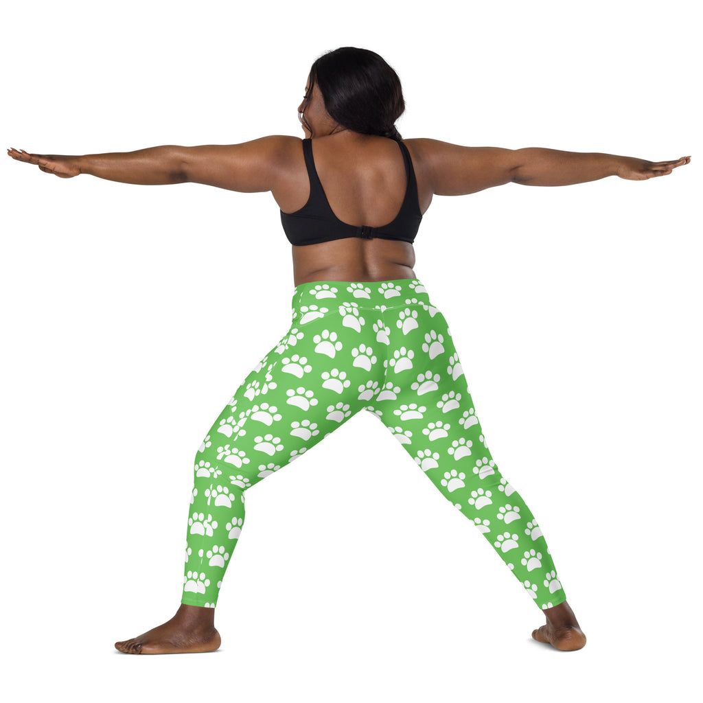 Women’s Green Paw Print Yoga Leggings With Pockets – High-Waisted, Soft Compression Active Pants