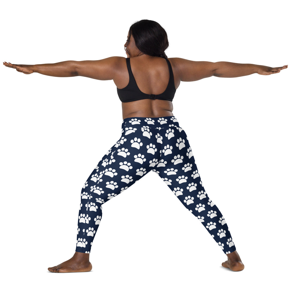 Women’s Navy Blue Paw Print Yoga Leggings With Pockets – High-Waisted, Soft Compression Active Pants