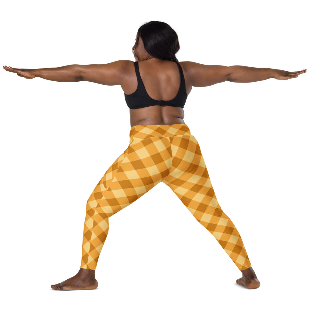 Women’s Mustard Yellow Plaid Yoga Leggings With Pockets – High-Waisted, Soft Compression Active Pants