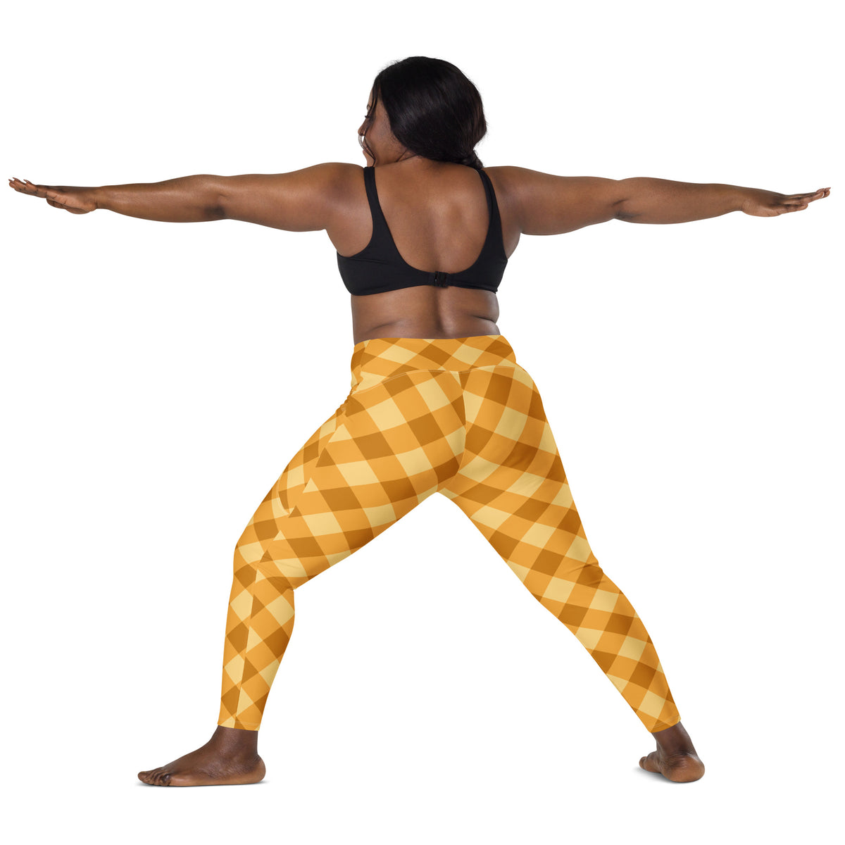 Women’s Mustard Yellow Plaid Yoga Leggings With Pockets – High-Waisted, Soft Compression Active Pants
