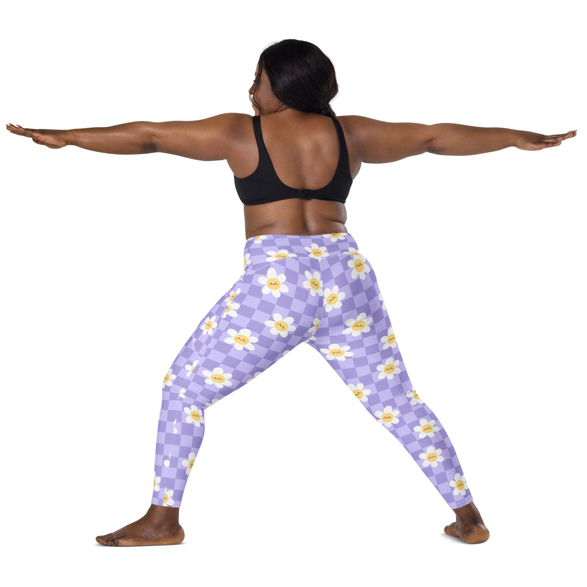 Women’s Purple Daisy Checkered Yoga Leggings With Pockets – High-Waisted, Soft Compression Active Pants