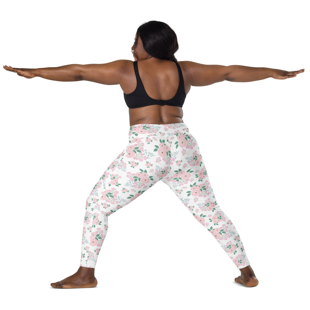 Women’s Pink Flower Yoga Leggings With Pockets – High-Waisted, Soft Compression Active Pants