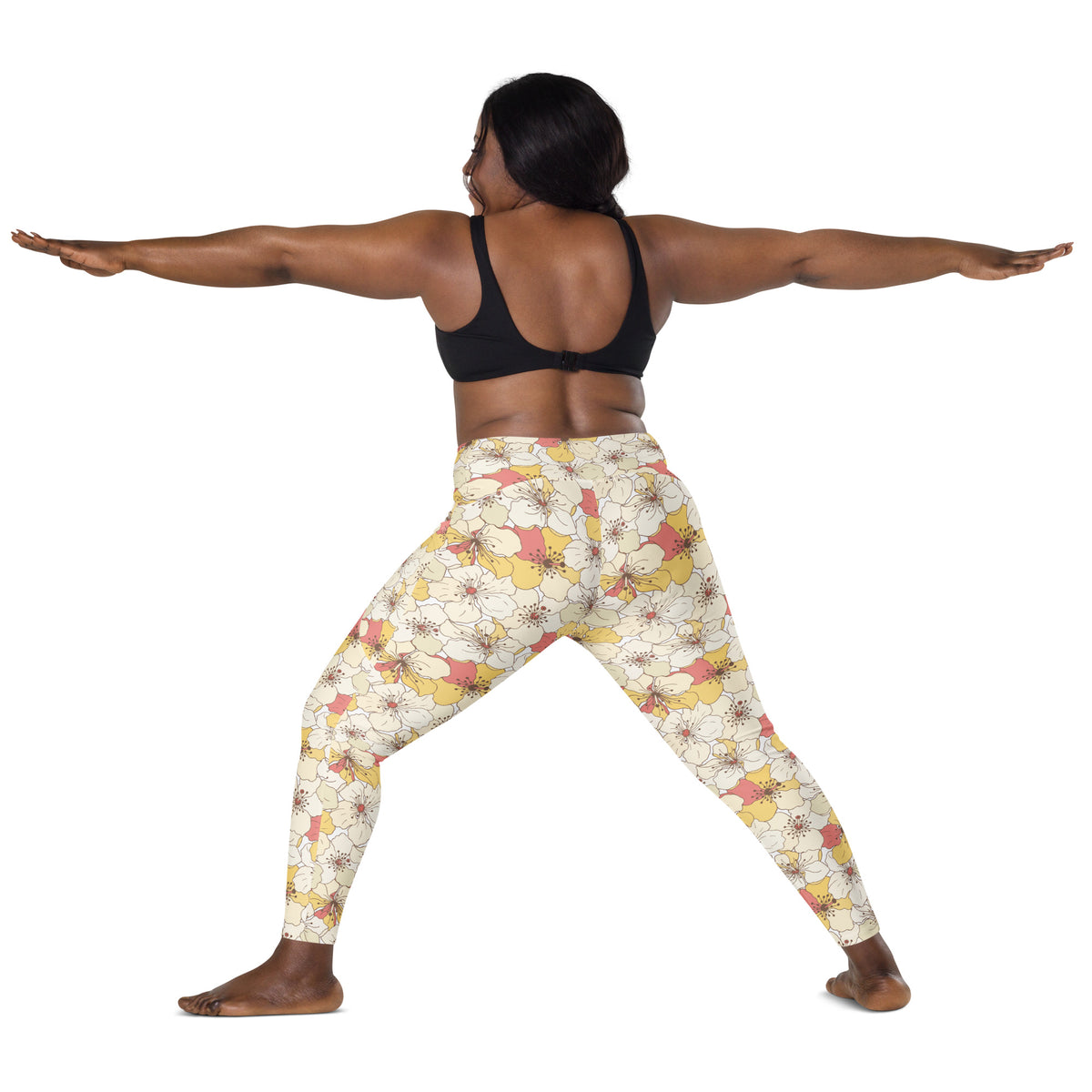 Women’s Yellow Floral Yoga Leggings With Pockets – High-Waisted, Soft Compression Active Pants