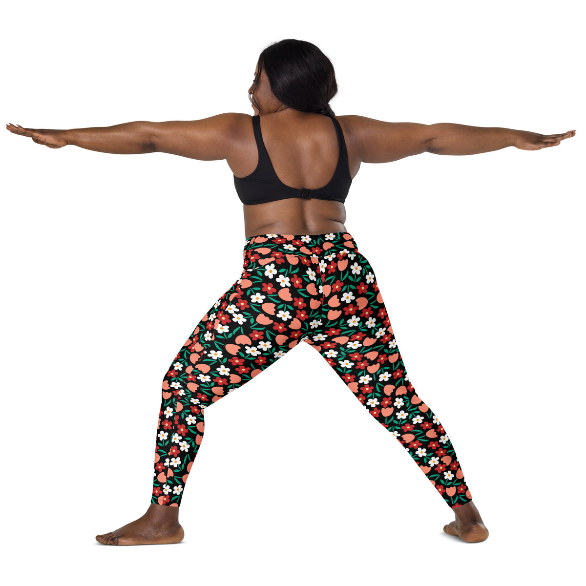 Women’s Black Floral Yoga Leggings With Pockets – High-Waisted, Soft Compression Active Pants