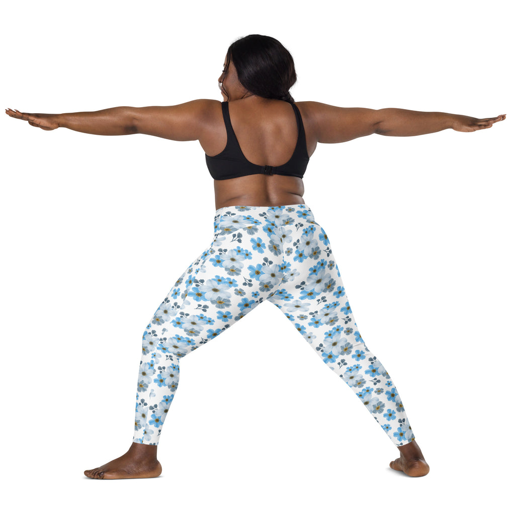 Women’s Blue Floral Yoga Leggings With Pockets – High-Waisted, Soft Compression Active Pants