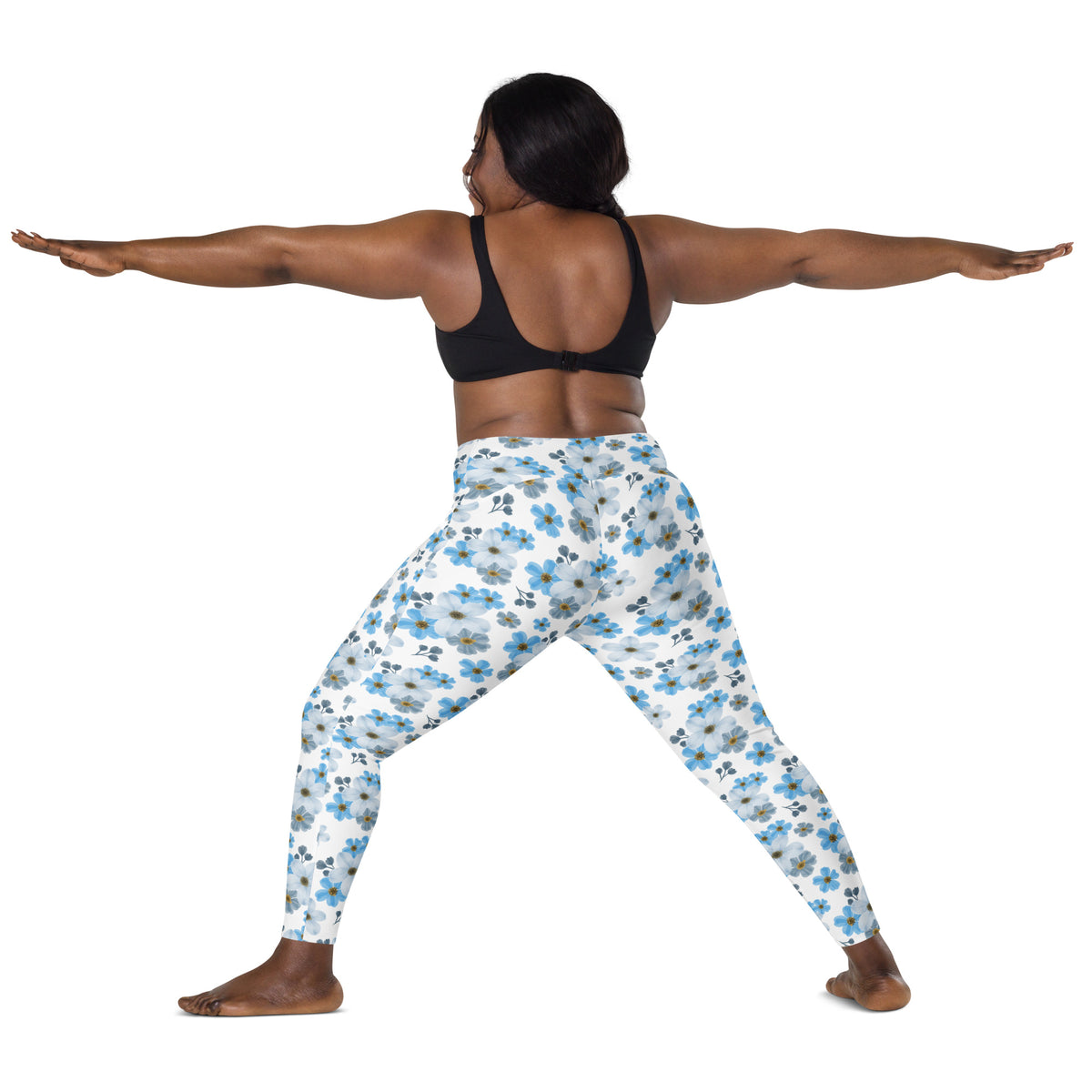 Women’s Blue Floral Yoga Leggings With Pockets – High-Waisted, Soft Compression Active Pants