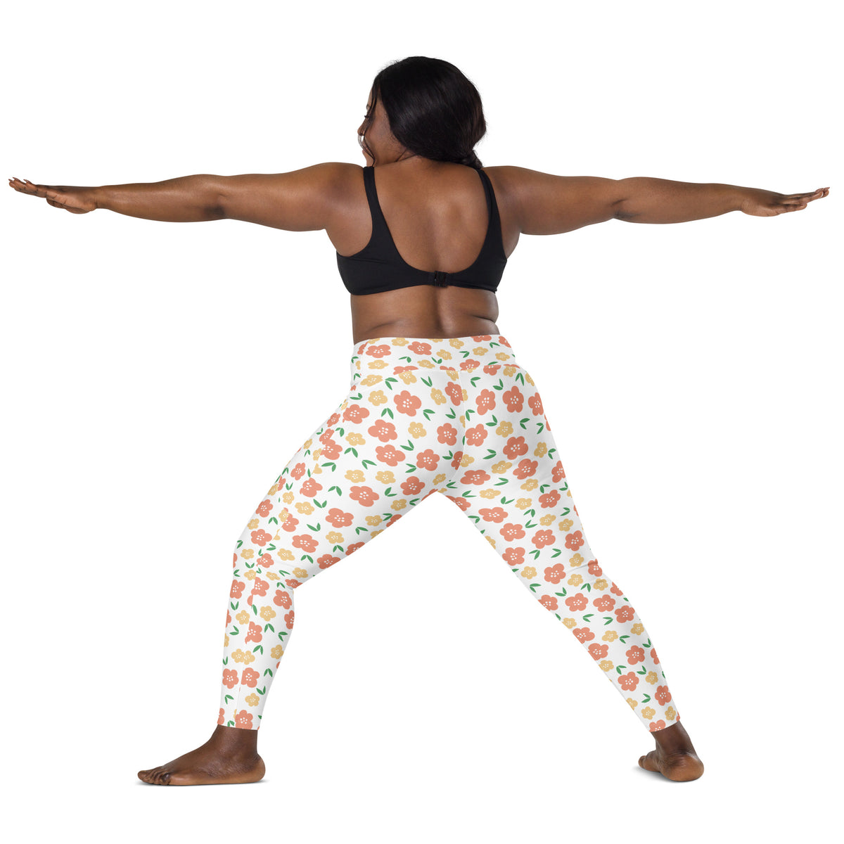 Women’s Orange Floral Yoga Leggings With Pockets – High-Waisted, Soft Compression Active Pants