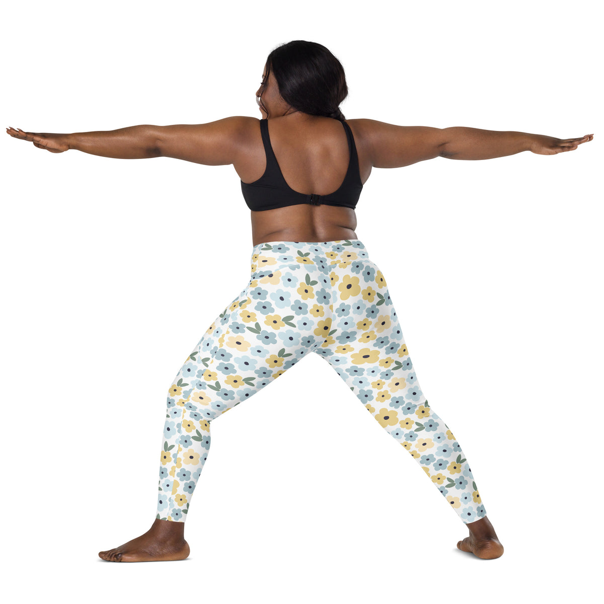 Women’s Blue & Yellow Floral Yoga Leggings With Pockets – High-Waisted, Soft Compression Active Pants