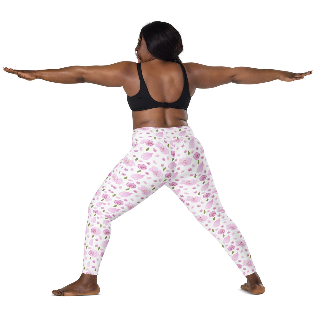 Women’s Pink Watercolor Floral Yoga Leggings With Pockets – High-Waisted, Soft Compression Active Pants