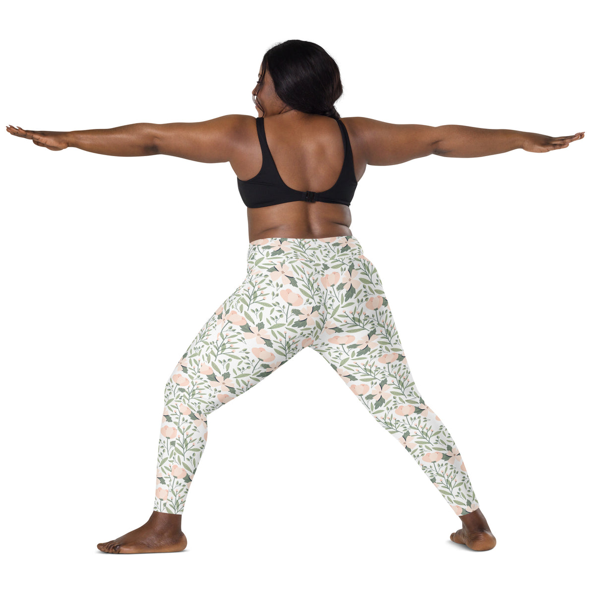 Women’s Blush Floral Yoga Leggings With Pockets – High-Waisted, Soft Compression Active Pants