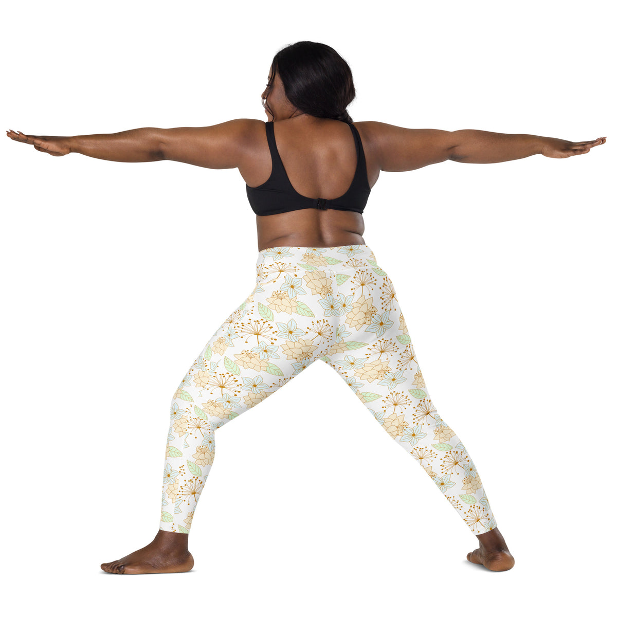 Women’s Pastel Beige Floral Yoga Leggings With Pockets – High-Waisted, Soft Compression Active Pants