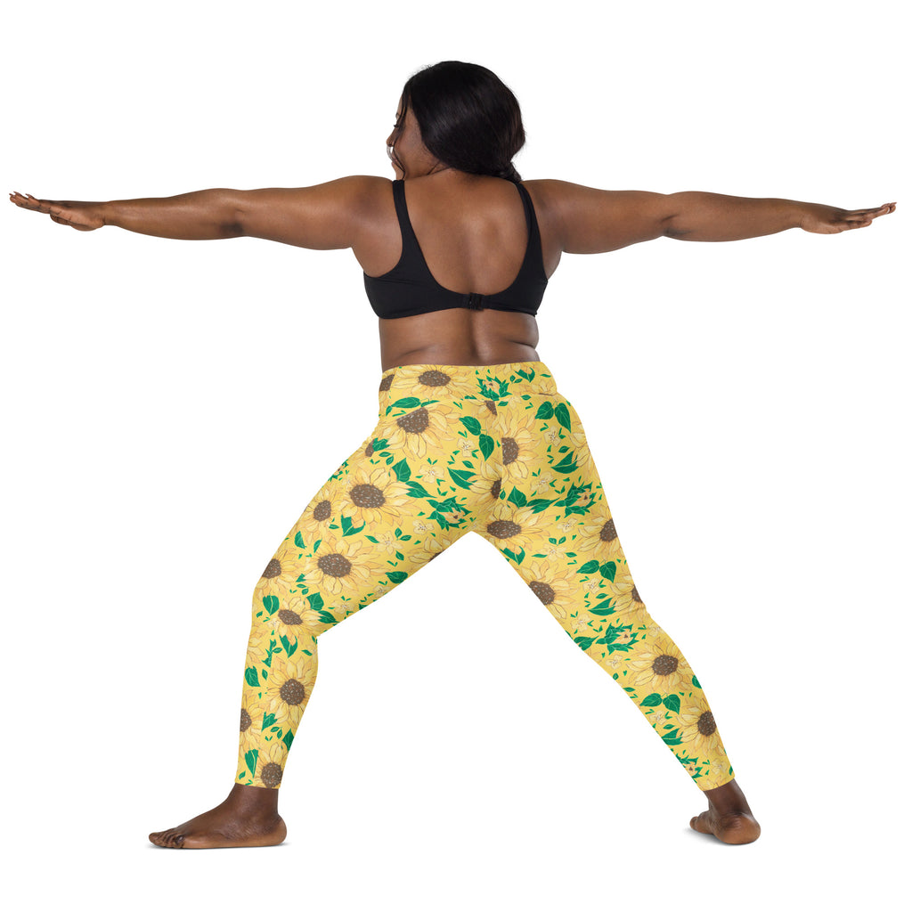 Women’s Watercolor Sunflower Yoga Leggings With Pockets – High-Waisted, Soft Compression Active Pants