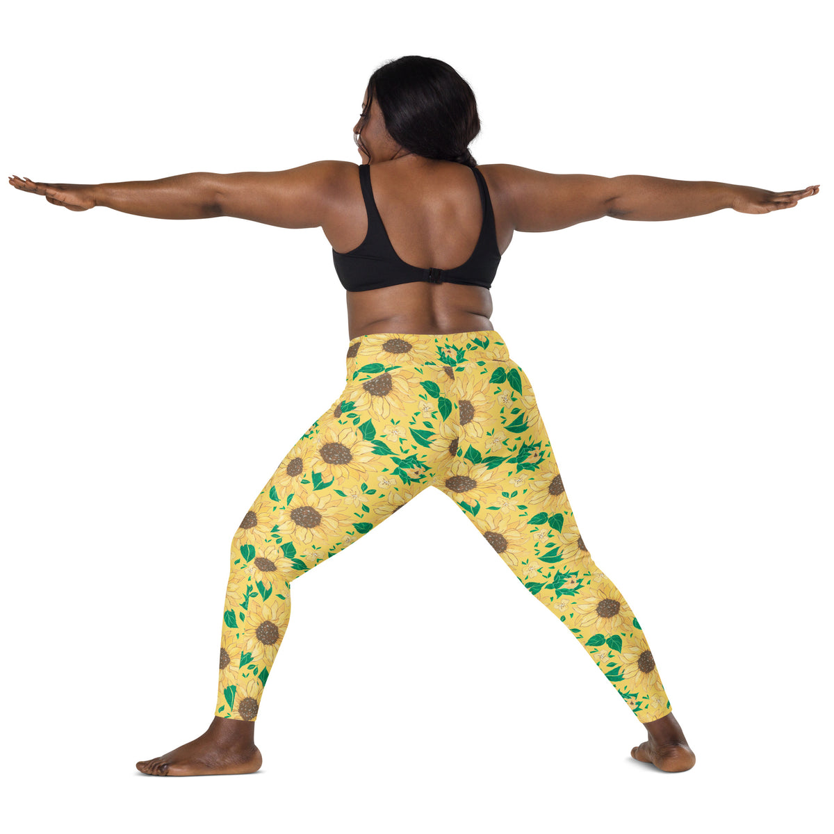 Women’s Watercolor Sunflower Yoga Leggings With Pockets – High-Waisted, Soft Compression Active Pants