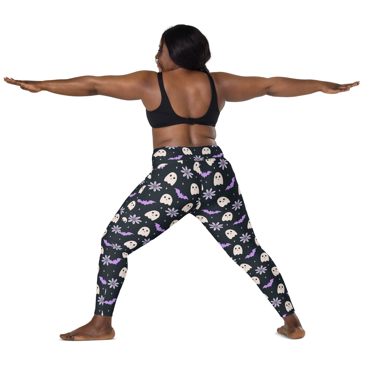Women’s Purple Floral Ghost Halloween Yoga Leggings With Pockets – High-Waisted, Soft Compression Active Pants