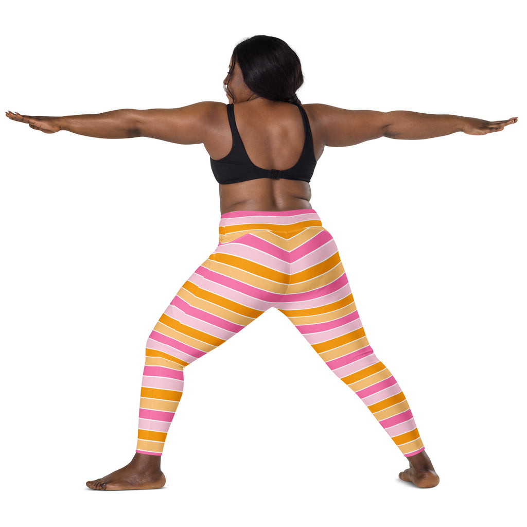 Women’s Pink & Orange Striped Candy Cane Yoga Leggings With Pockets – High-Waisted, Soft Compression Active Pants