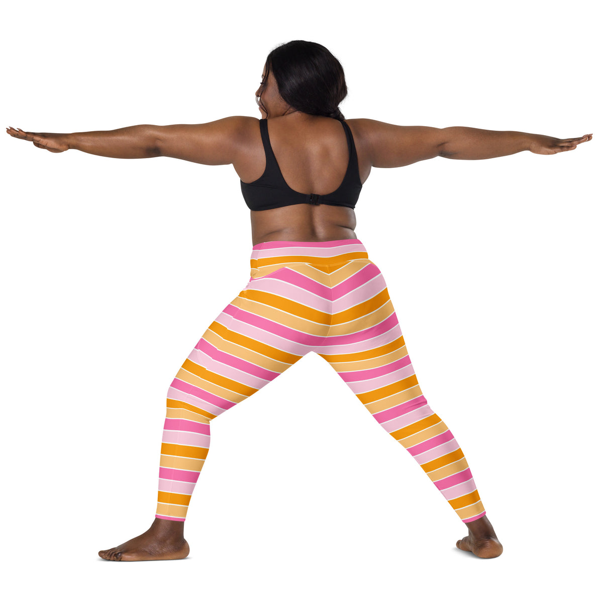 Women’s Pink & Orange Striped Candy Cane Yoga Leggings With Pockets – High-Waisted, Soft Compression Active Pants
