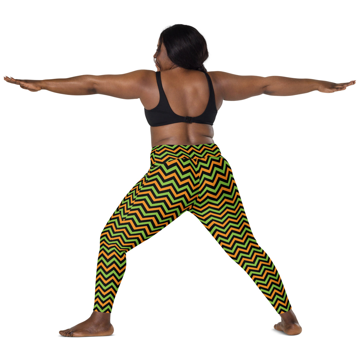 Women’s Orange Green & Black Chevron Halloween Yoga Leggings With Pockets – High-Waisted, Soft Compression Active Pants