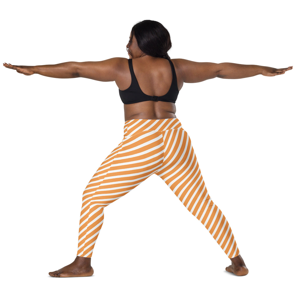 Women’s Orange & White Striped Yoga Leggings With Pockets – High-Waisted, Soft Compression Active Pants