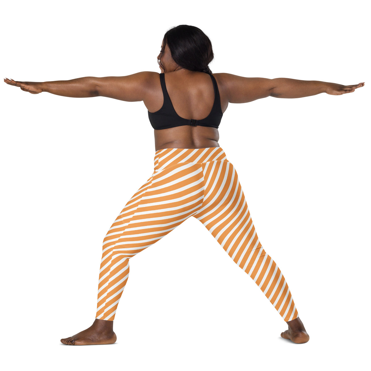 Women’s Orange & White Striped Yoga Leggings With Pockets – High-Waisted, Soft Compression Active Pants