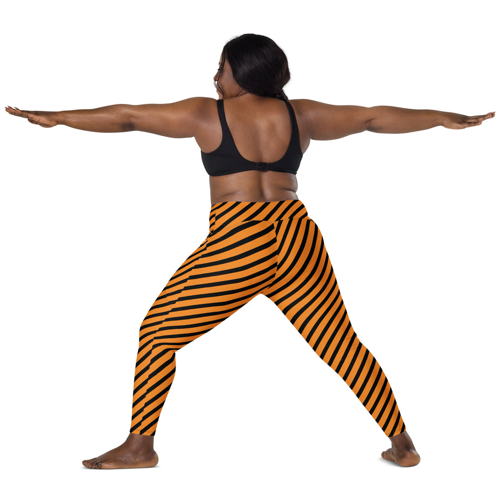 Women’s Orange Striped Halloween Yoga Leggings With Pockets – High-Waisted, Soft Compression Active Pants