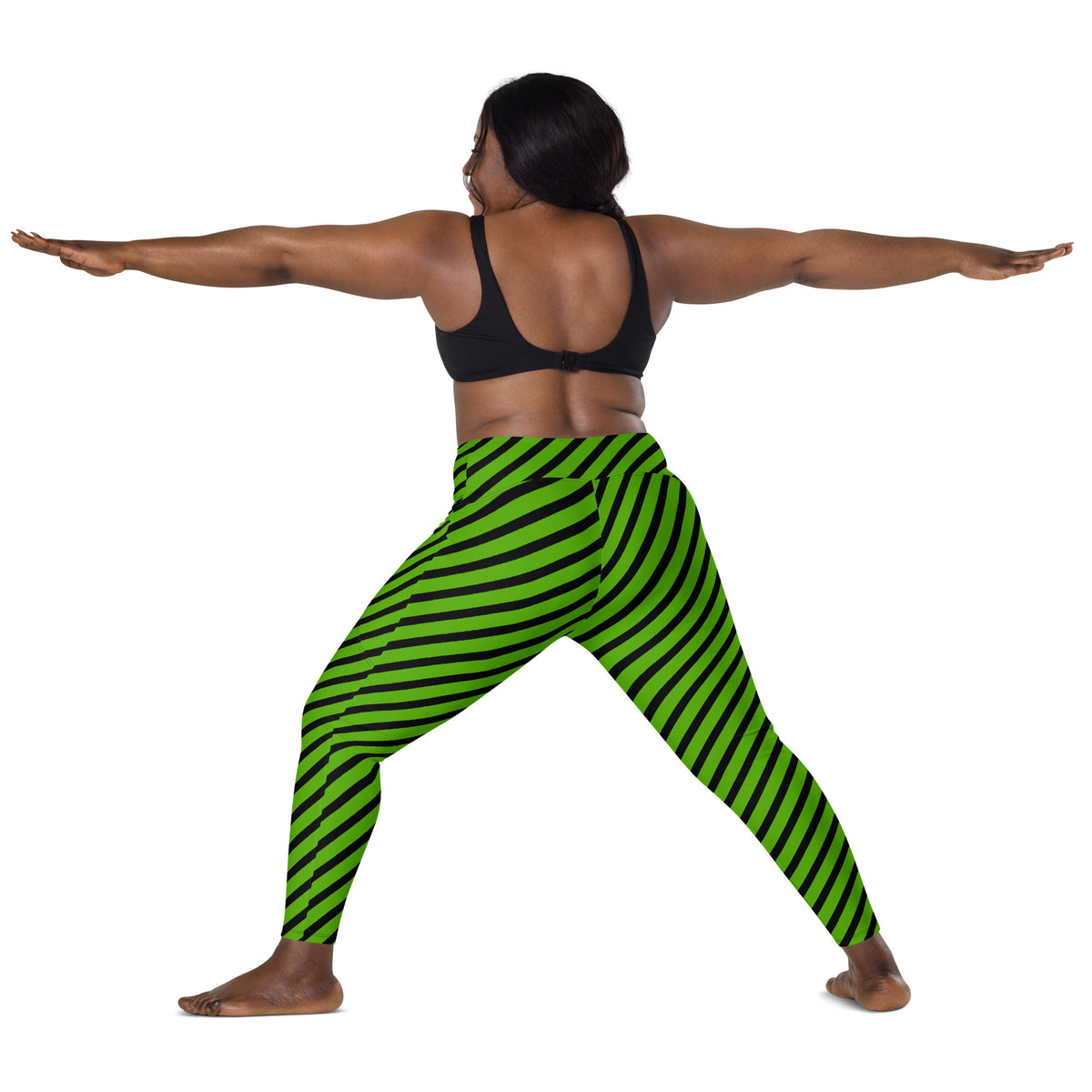Women’s Green Striped Halloween Yoga Leggings With Pockets – High-Waisted, Soft Compression Active Pants