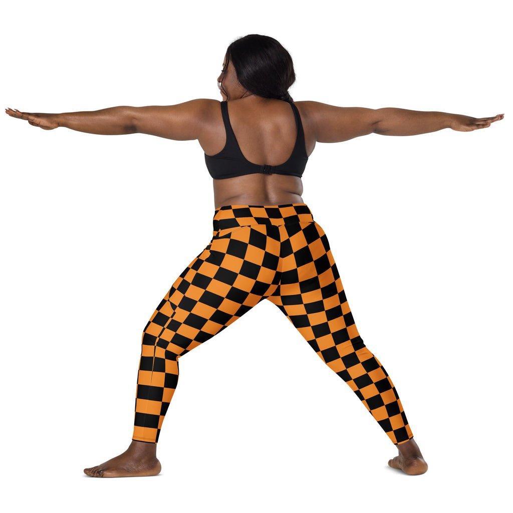 Women’s Orange Checkered Halloween Yoga Leggings With Pockets – High-Waisted, Soft Compression Active Pants