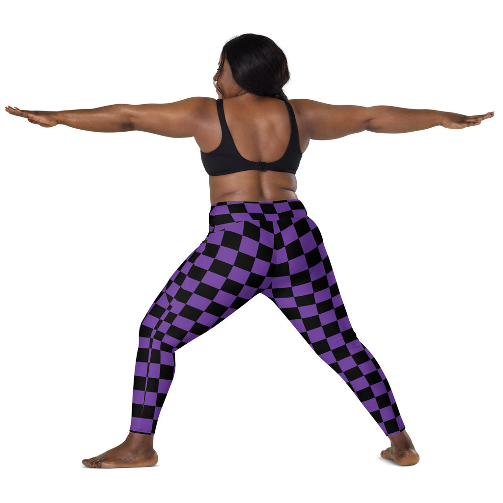 Women’s Purple Checkered Halloween Yoga Leggings With Pockets – High-Waisted, Soft Compression Active Pants