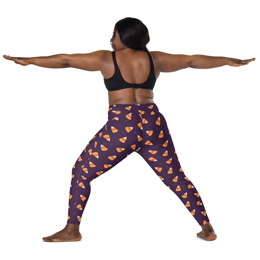 Women’s Purple Candy Corn Halloween Yoga Leggings With Pockets – High-Waisted, Soft Compression Active Pants