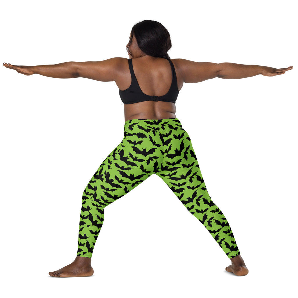 Women’s Halloween Green Bats Yoga Leggings With Pockets – High-Waisted, Soft Compression Active Pants