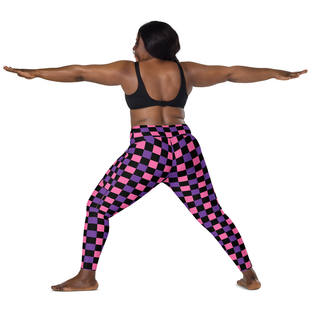 Women’s Pink & Purple Checkered Halloween Yoga Leggings With Pockets – High-Waisted, Soft Compression Active Pants
