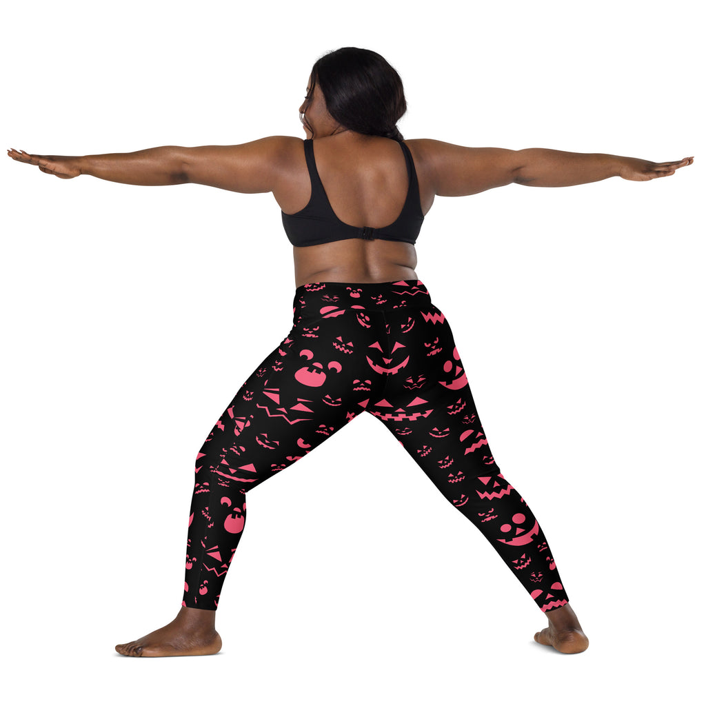 Women’s Pink Jack O’ Lantern Faces Halloween Yoga Leggings With Pockets – High-Waisted, Soft Compression Active Pants