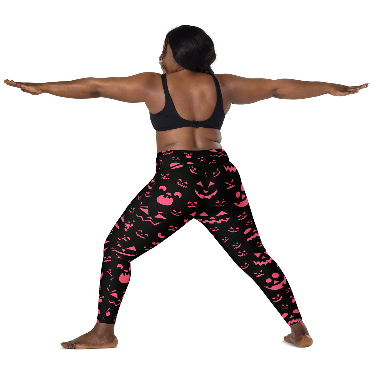 Women’s Pink Jack O’ Lantern Faces Halloween Yoga Leggings With Pockets – High-Waisted, Soft Compression Active Pants