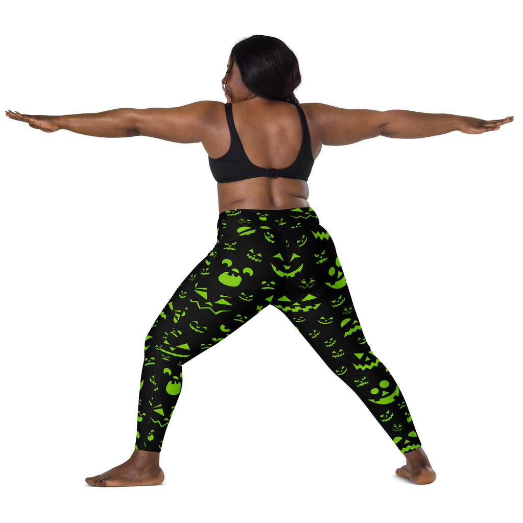 Women’s Green Jack O’ Lantern Faces Halloween Yoga Leggings With Pockets – High-Waisted, Soft Compression Active Pants