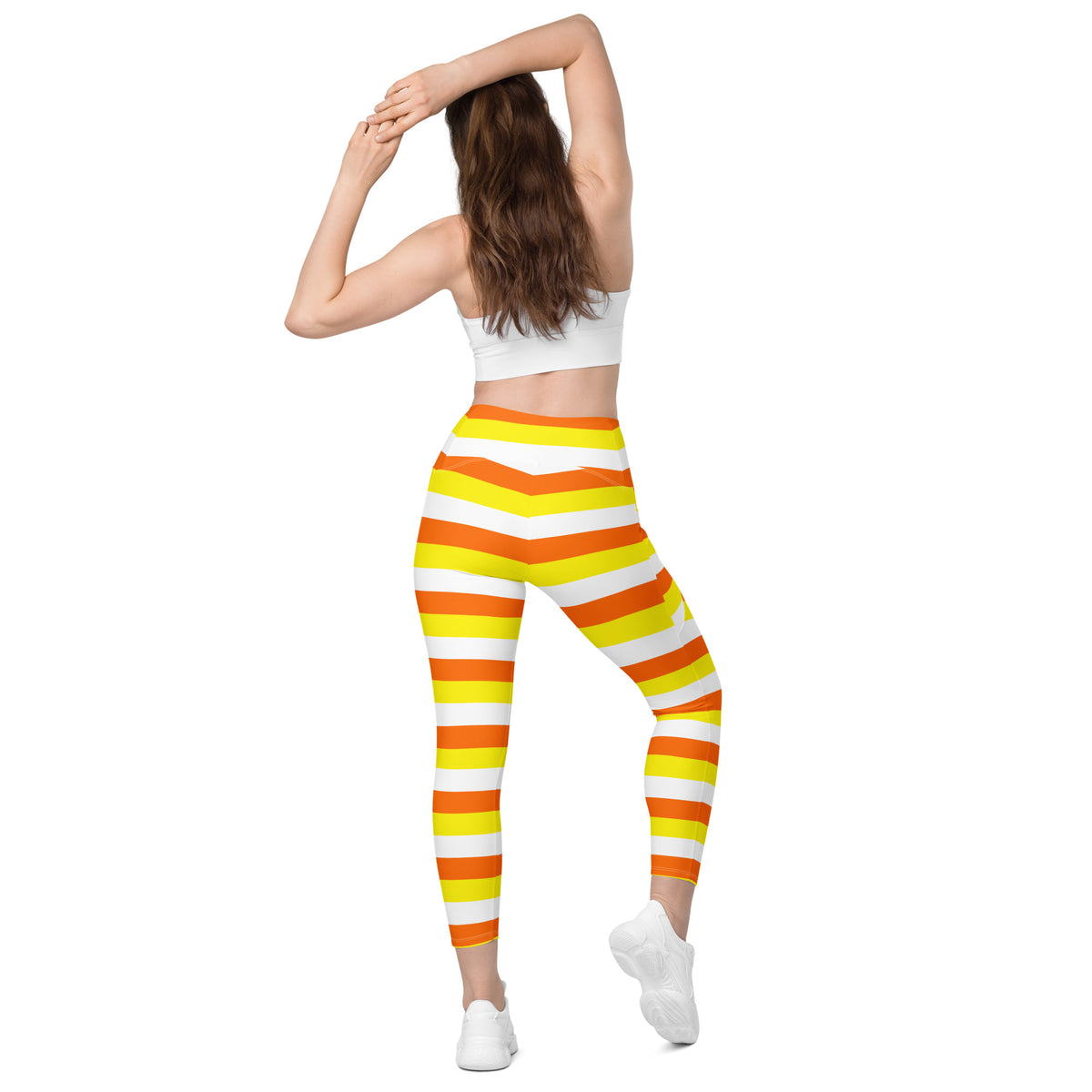 Women’s Candy Corn Stripes Yoga Leggings With Pockets – High-Waisted, Soft Compression Active Pants