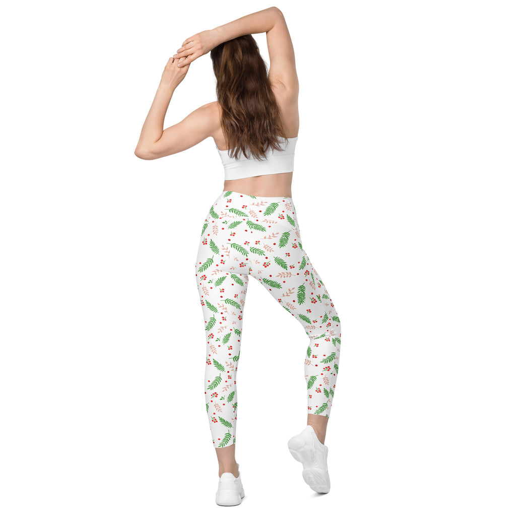 Women’s Christmas Holly Berry Yoga Leggings With Pockets – High-Waisted, Soft Compression Active Pants