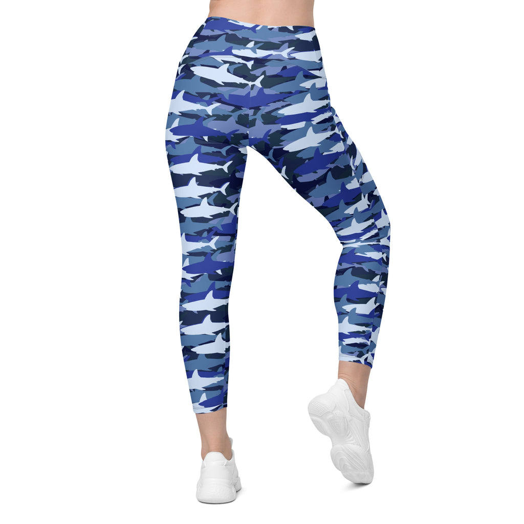 Women’s Blue Shark Camouflage Yoga Leggings With Pockets – High-Waisted, Soft Compression Active Pants