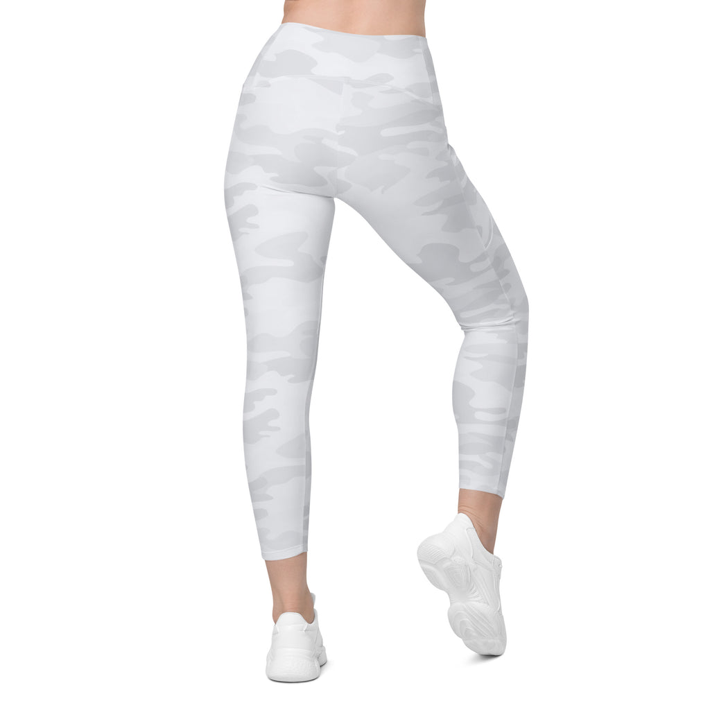 Women’s White Camouflage Yoga Leggings With Pockets – High-Waisted, Soft Compression Active Pants