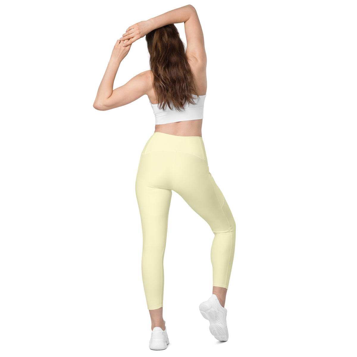 Women’s Cream Yellow Yoga Leggings With Pockets – High-Waisted, Soft Compression Active Pants