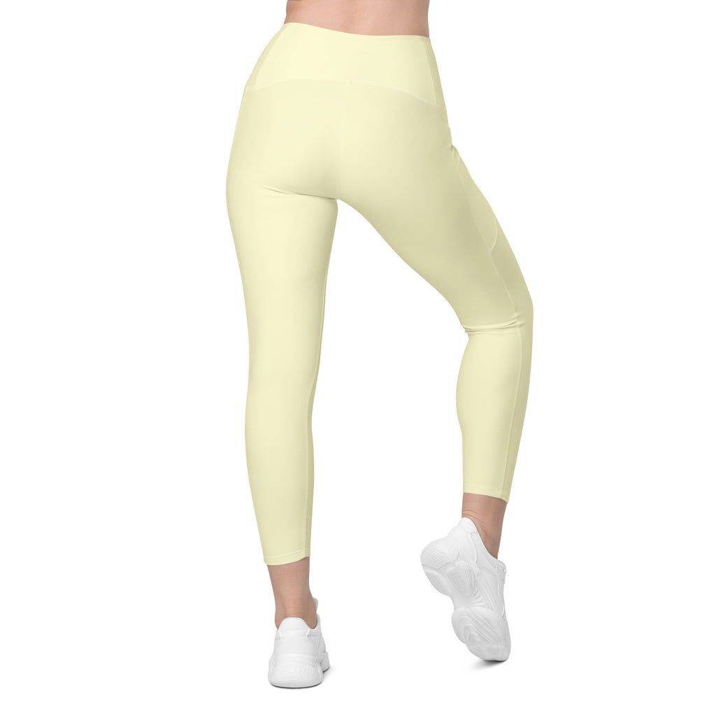 Women’s Cream Yellow Yoga Leggings With Pockets – High-Waisted, Soft Compression Active Pants