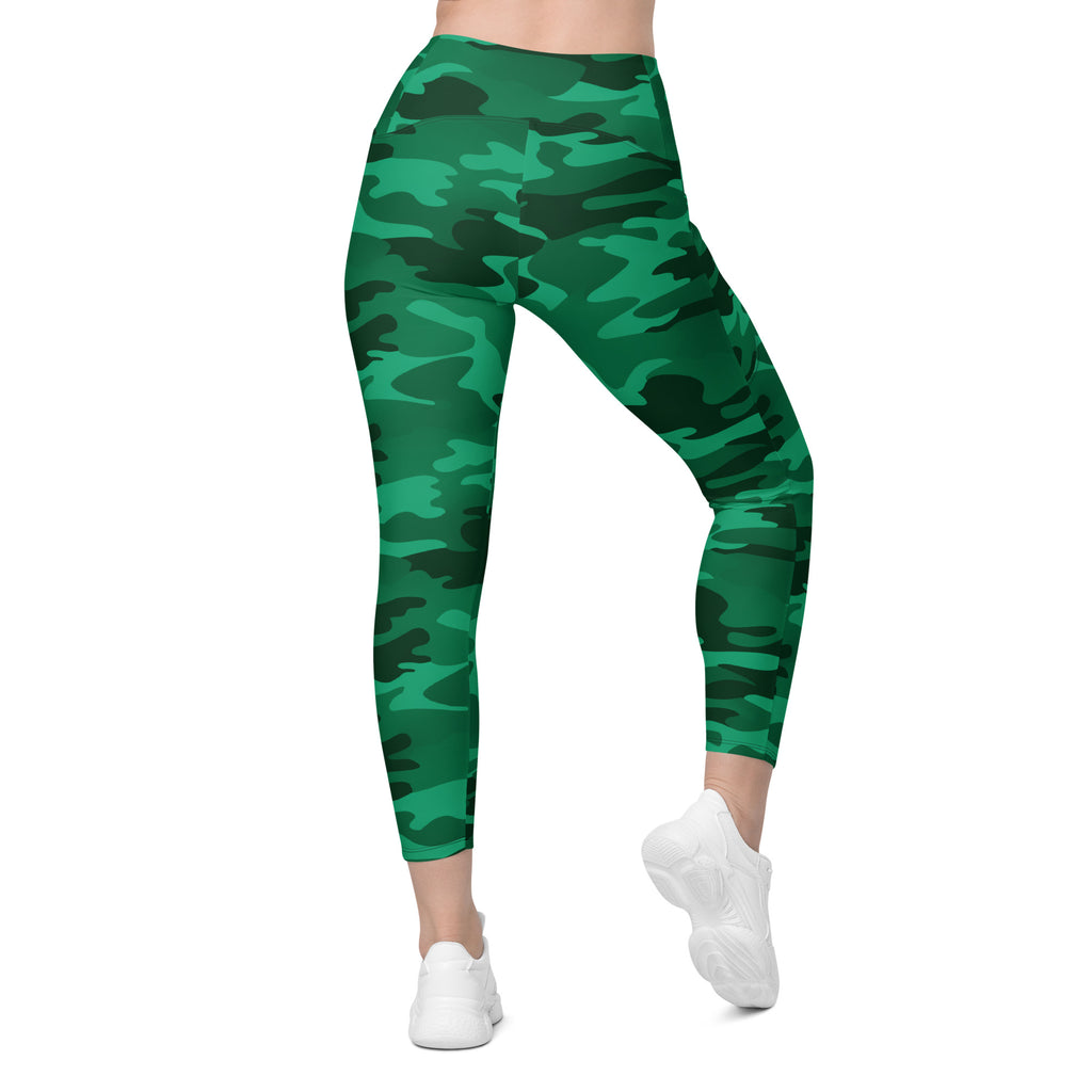 Women’s Green Camouflage Yoga Leggings With Pockets – High-Waisted, Soft Compression Active Pants