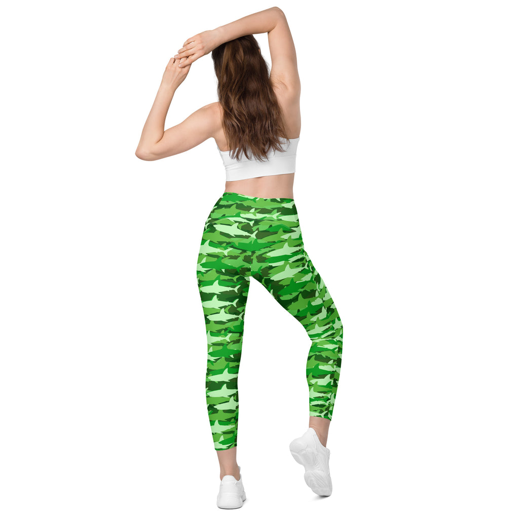 Women’s Green Shark Camouflage Yoga Leggings With Pockets – High-Waisted, Soft Compression Active Pants