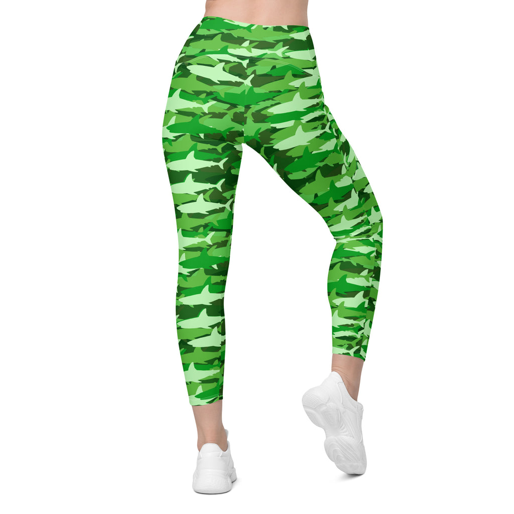 Women’s Green Shark Camouflage Yoga Leggings With Pockets – High-Waisted, Soft Compression Active Pants