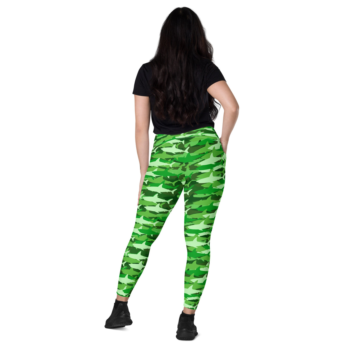 Women’s Green Shark Camouflage Yoga Leggings With Pockets – High-Waisted, Soft Compression Active Pants
