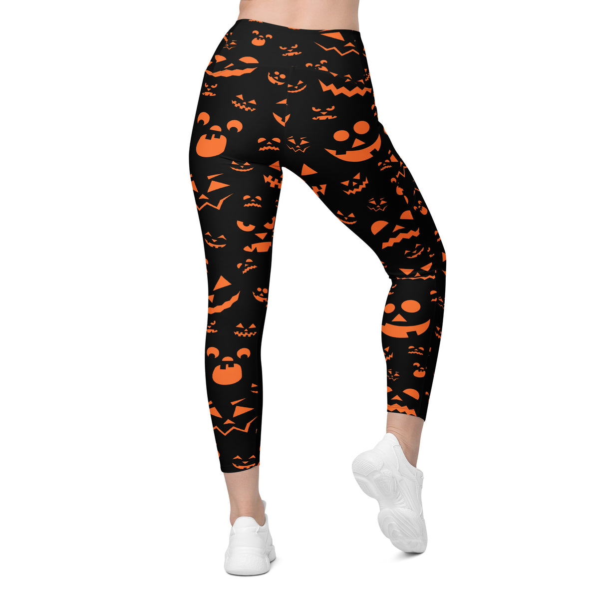 Women’s Orange Jack O’ Lantern Faces Halloween Yoga Leggings With Pockets – High-Waisted, Soft Compression Active Pants