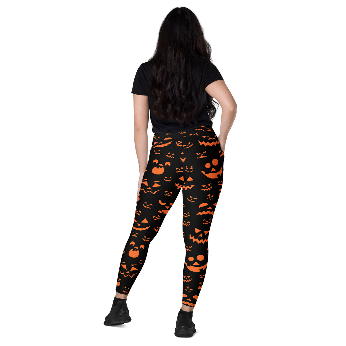Women’s Orange Jack O’ Lantern Faces Halloween Yoga Leggings With Pockets – High-Waisted, Soft Compression Active Pants