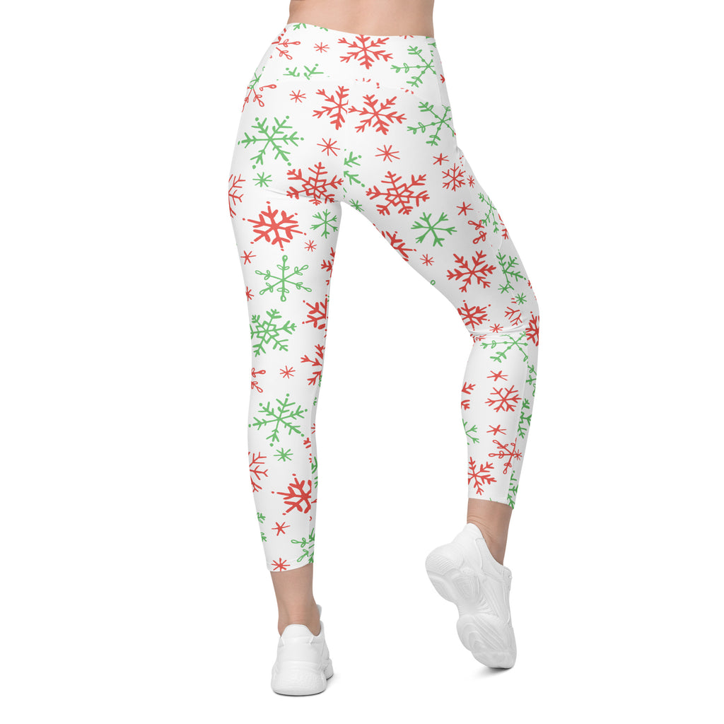 Women’s Red & Green Snowflake Christmas Yoga Leggings With Pockets – High-Waisted, Soft Compression Active Pants