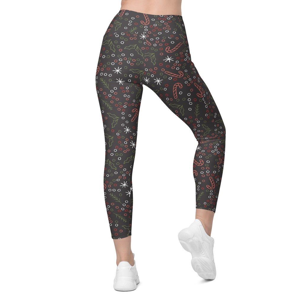Women’s Christmas Holly & Candy Cane Yoga Leggings With Pockets – High-Waisted, Soft Compression Active Pants