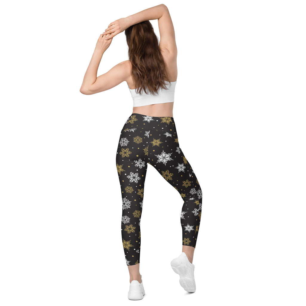 Women’s Dark Brown & Gold Snowflake Yoga Leggings With Pockets – High-Waisted, Soft Compression Active Pants