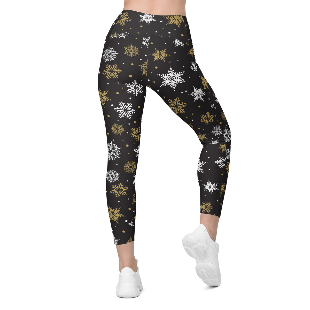 Women’s Dark Brown & Gold Snowflake Yoga Leggings With Pockets – High-Waisted, Soft Compression Active Pants